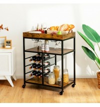 3-Tier Wood Rolling Kitchen Serving Cart with 9 Wine Bottles Rack Metal Frame-Rustic Brown