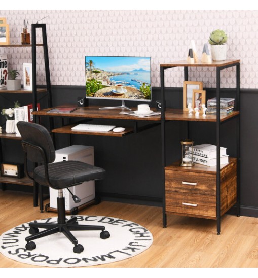 55.5 Inch Computer Desk with Movable Stand and Bookshelves-Rustic Brown 55.5 Inch Computer Desk with Movable Stand and Bookshelves-Rustic Brown
