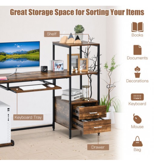 55.5 Inch Computer Desk with Movable Stand and Bookshelves-Rustic Brown 55.5 Inch Computer Desk with Movable Stand and Bookshelves-Rustic Brown