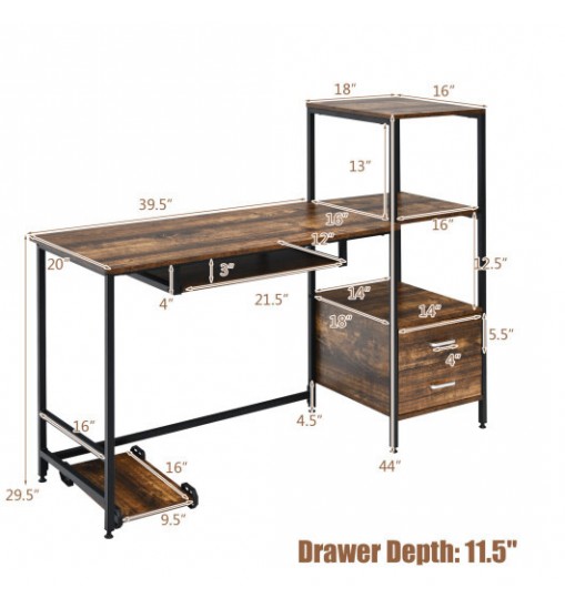55.5 Inch Computer Desk with Movable Stand and Bookshelves-Rustic Brown 55.5 Inch Computer Desk with Movable Stand and Bookshelves-Rustic Brown