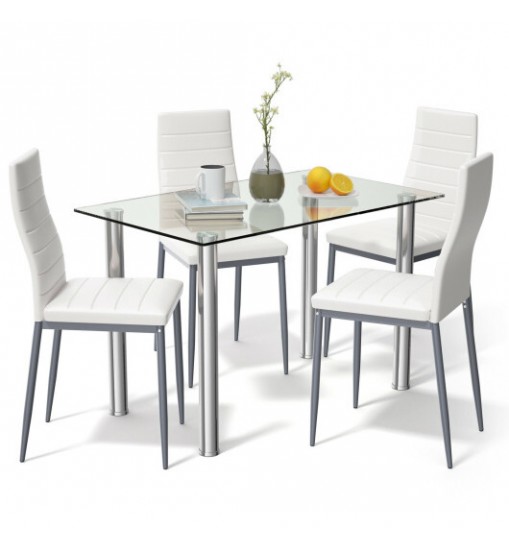 5 Pieces Dining Set with 4 PVC Leather Chairs