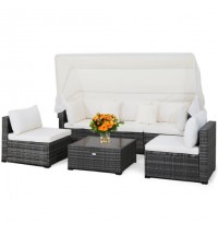 6 Pieces Patio Rattan Furniture Set with Retractable Canopy