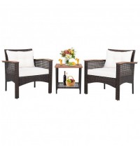 3 Pieces Patio Rattan Furniture Set with Acacia Wood Tabletop