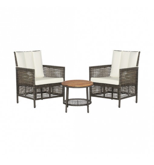 3 Pieces Patio Rattan Furniture Set with Cushioned Sofas and Wood Table Top-White