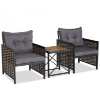 3 Piece Patio Rattan Furniture Set with Acacia Wood Tabletop