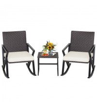 3 Piece Patio Wicker Rocking Chairs Set with Heavy-Duty Metal Frame