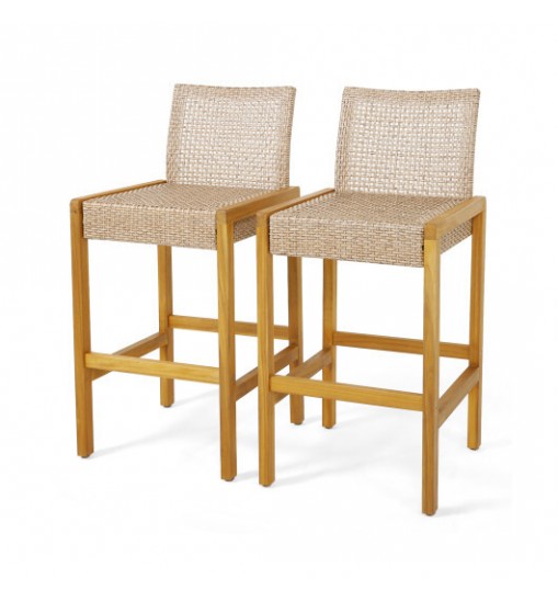 Set of 2 Rattan Patio Wood Barstools Dining Chairs with Backrest-Set of 2