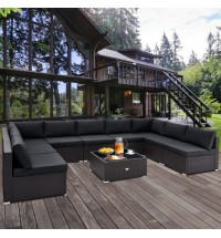 10 Piece Outdoor Wicker Conversation Set with Seat and Back Cushions-Black