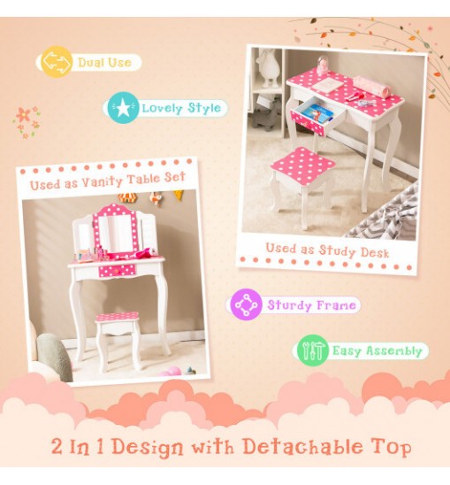 Kids Vanity Table and Stool Set with Cute Polka Dot Print-Pink
