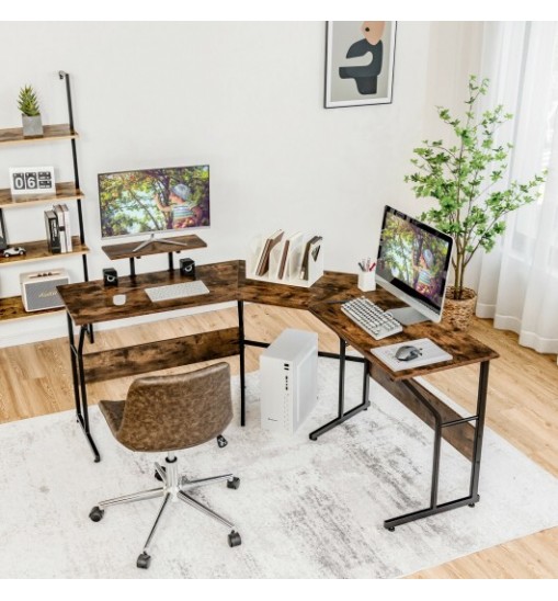 88.5 Inch L Shaped Reversible Computer Desk Table with Monitor Stand-Black 88.5 Inch L Shaped Reversible Computer Desk Table with Monitor Stand-Black