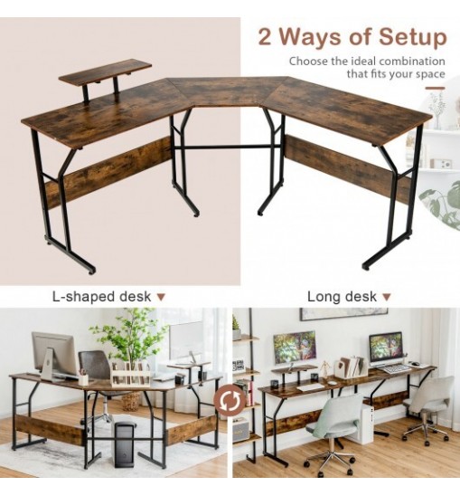 88.5 Inch L Shaped Reversible Computer Desk Table with Monitor Stand-Black 88.5 Inch L Shaped Reversible Computer Desk Table with Monitor Stand-Black