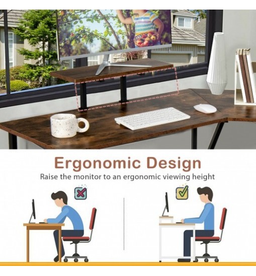 88.5 Inch L Shaped Reversible Computer Desk Table with Monitor Stand-Black 88.5 Inch L Shaped Reversible Computer Desk Table with Monitor Stand-Black