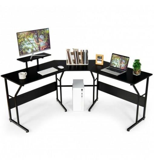 88.5 Inch L Shaped Reversible Computer Desk Table with Monitor Stand-Black 88.5 Inch L Shaped Reversible Computer Desk Table with Monitor Stand-Black