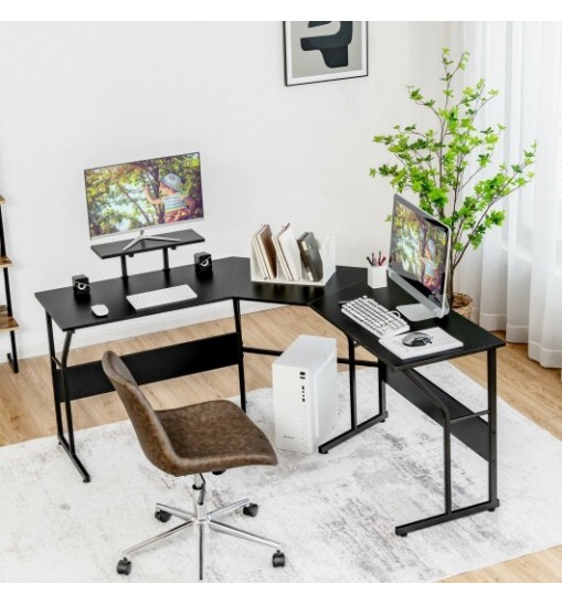 88.5 Inch L Shaped Reversible Computer Desk Table with Monitor Stand-Black 88.5 Inch L Shaped Reversible Computer Desk Table with Monitor Stand-Black
