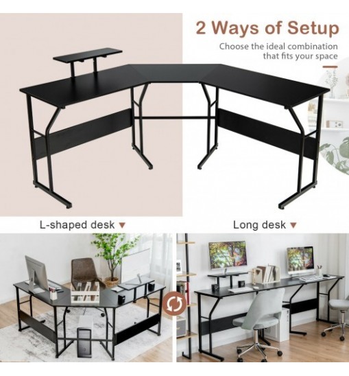 88.5 Inch L Shaped Reversible Computer Desk Table with Monitor Stand-Black 88.5 Inch L Shaped Reversible Computer Desk Table with Monitor Stand-Black