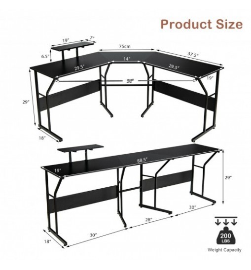 88.5 Inch L Shaped Reversible Computer Desk Table with Monitor Stand-Black 88.5 Inch L Shaped Reversible Computer Desk Table with Monitor Stand-Black