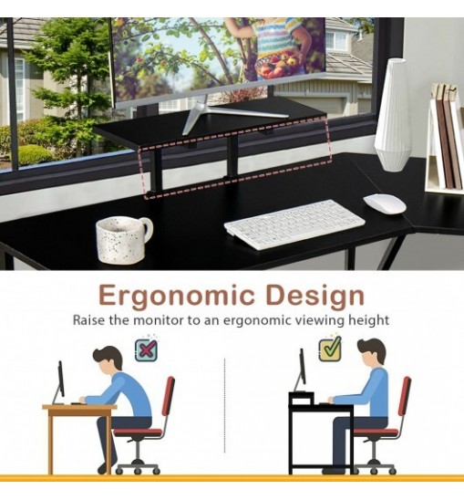 88.5 Inch L Shaped Reversible Computer Desk Table with Monitor Stand-Black 88.5 Inch L Shaped Reversible Computer Desk Table with Monitor Stand-Black