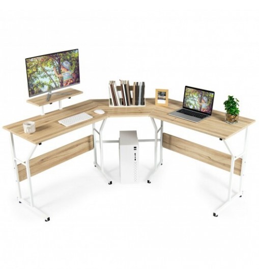 88.5 Inch L Shaped Reversible Computer Desk Table with Monitor Stand-Black 88.5 Inch L Shaped Reversible Computer Desk Table with Monitor Stand-Black