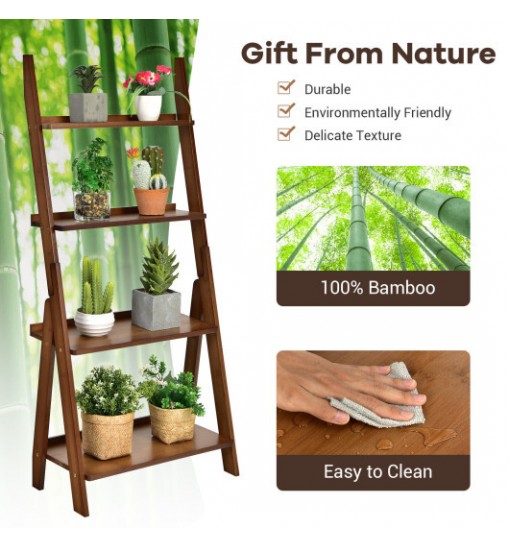 4-Tier Bamboo Ladder Shelf Bookcase for Study Room-Brown