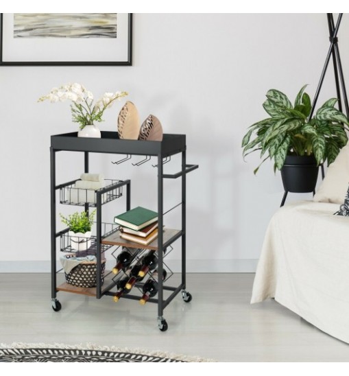Kitchen Island Cart on Wheels with Removable Top and Wine Rack-Rustic Brown