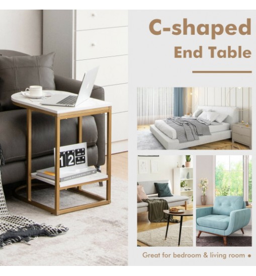 C-shaped Side Table with Faux Marble Tabletop and Golden Steel Frame-White