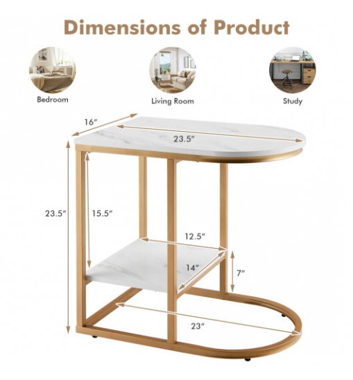 C-shaped Side Table with Faux Marble Tabletop and Golden Steel Frame-White