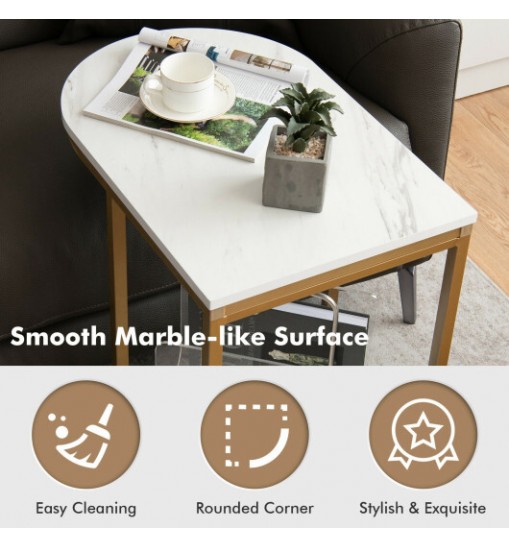 C-shaped Side Table with Faux Marble Tabletop and Golden Steel Frame-White
