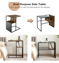 2-Tier C-Shaped Reversible End Table with Wooden Shelf for Living Room-Brown