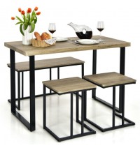 4 Pieces Industrial Dinette Set with Bench and 2 Stools-Oak