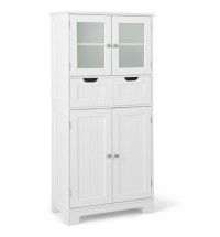 4 Door Freee-Standing Bathroom Cabinet with 2 Drawers and Glass Doors-Gray