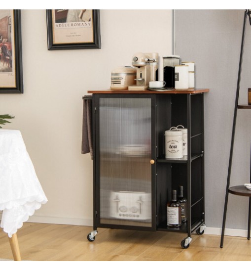 Mobile Serving Cart with Transparent Single Door Cabinet-Black Mobile Serving Cart with Transparent Single Door Cabinet-Black