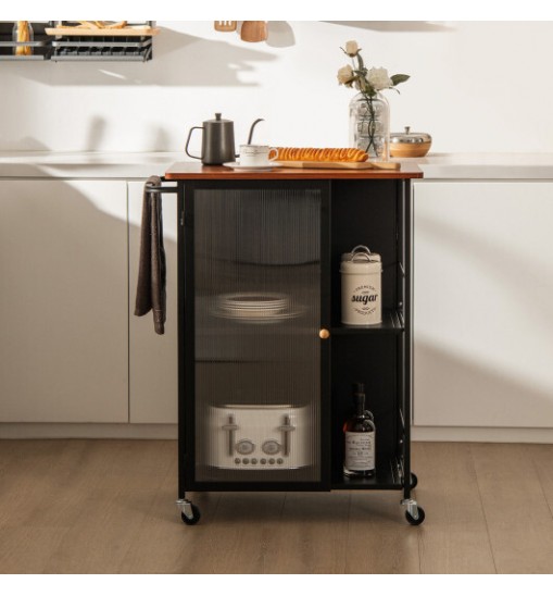 Mobile Serving Cart with Transparent Single Door Cabinet-Black Mobile Serving Cart with Transparent Single Door Cabinet-Black