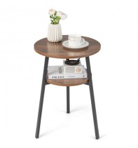 2-Tier Round End Table with Open Shelf and Triangular Metal Frame-Brown