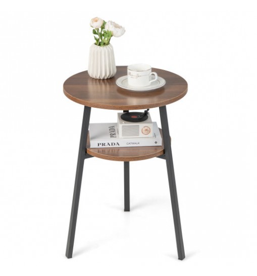 2-Tier Round End Table with Open Shelf and Triangular Metal Frame-Brown