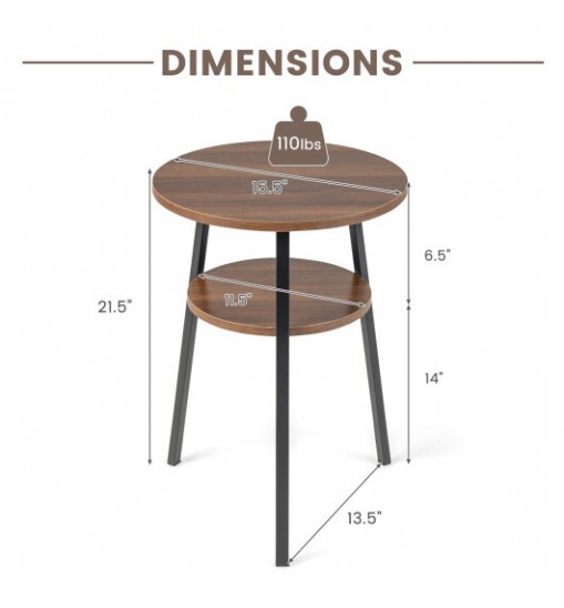 2-Tier Round End Table with Open Shelf and Triangular Metal Frame-Brown