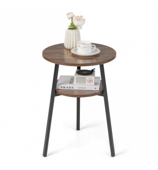 2-Tier Round End Table with Open Shelf and Triangular Metal Frame-Brown