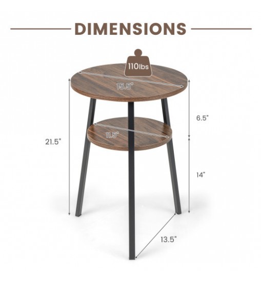 2-Tier Round End Table with Open Shelf and Triangular Metal Frame-Brown