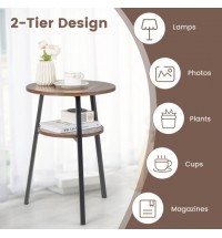 2-Tier Round End Table with Open Shelf and Triangular Metal Frame-Brown