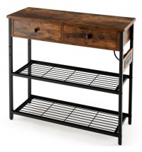 Narrow Console Table with 2 Drawers and 2 Metal Mesh Shelves-Rustic Brown