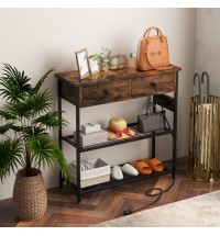 Narrow Console Table with 2 Drawers and 2 Metal Mesh Shelves-Rustic Brown