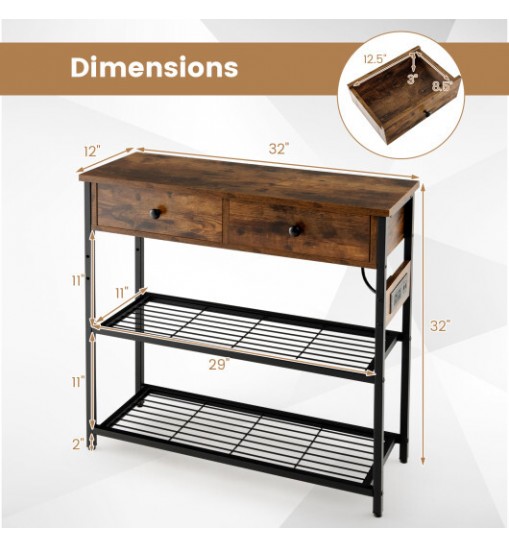 Narrow Console Table with 2 Drawers and 2 Metal Mesh Shelves-Rustic Brown