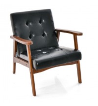 Mid Century Modern Accent Chair with Solid Rubber Wood Frame and Leather Cover-Brown