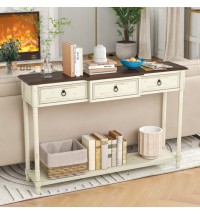 52 Inch Farmhouse Console Table with 3 Drawers and Open Storage Shelf for Hallway