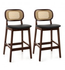 Wood Bar Chairs with PE Rattan Backrest  Padded Seat and Footrest-Brown