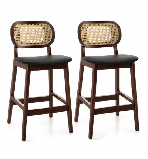 Wood Bar Chairs with PE Rattan Backrest  Padded Seat and Footrest-Brown
