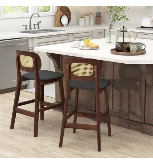 Wood Bar Chairs with PE Rattan Backrest  Padded Seat and Footrest-Brown