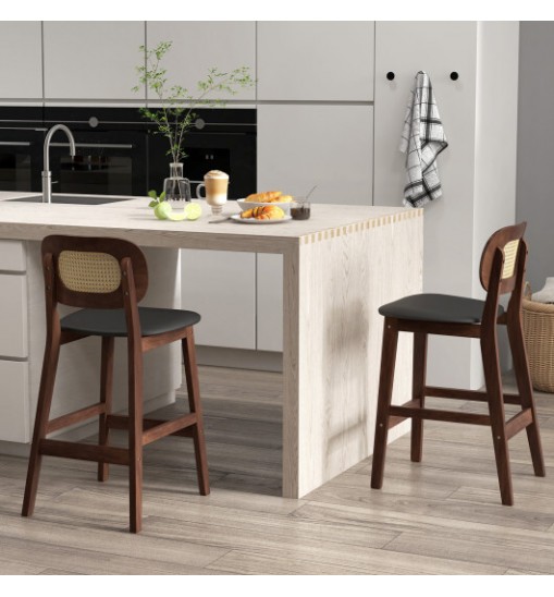 Wood Bar Chairs with PE Rattan Backrest  Padded Seat and Footrest-Brown