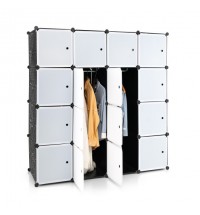 16-Cube Storage Organizer with 16 Doors and 2 Hanging Rods-Black