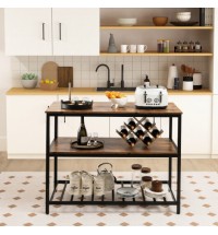 3 Shelves Kitchen Island Industrial Prep Table with Bottom Wine Rack-Rustic Brown