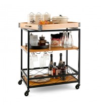3 Tiers Industrial Bar Serving Cart with Utility Shelf and Handle Racks-Natural